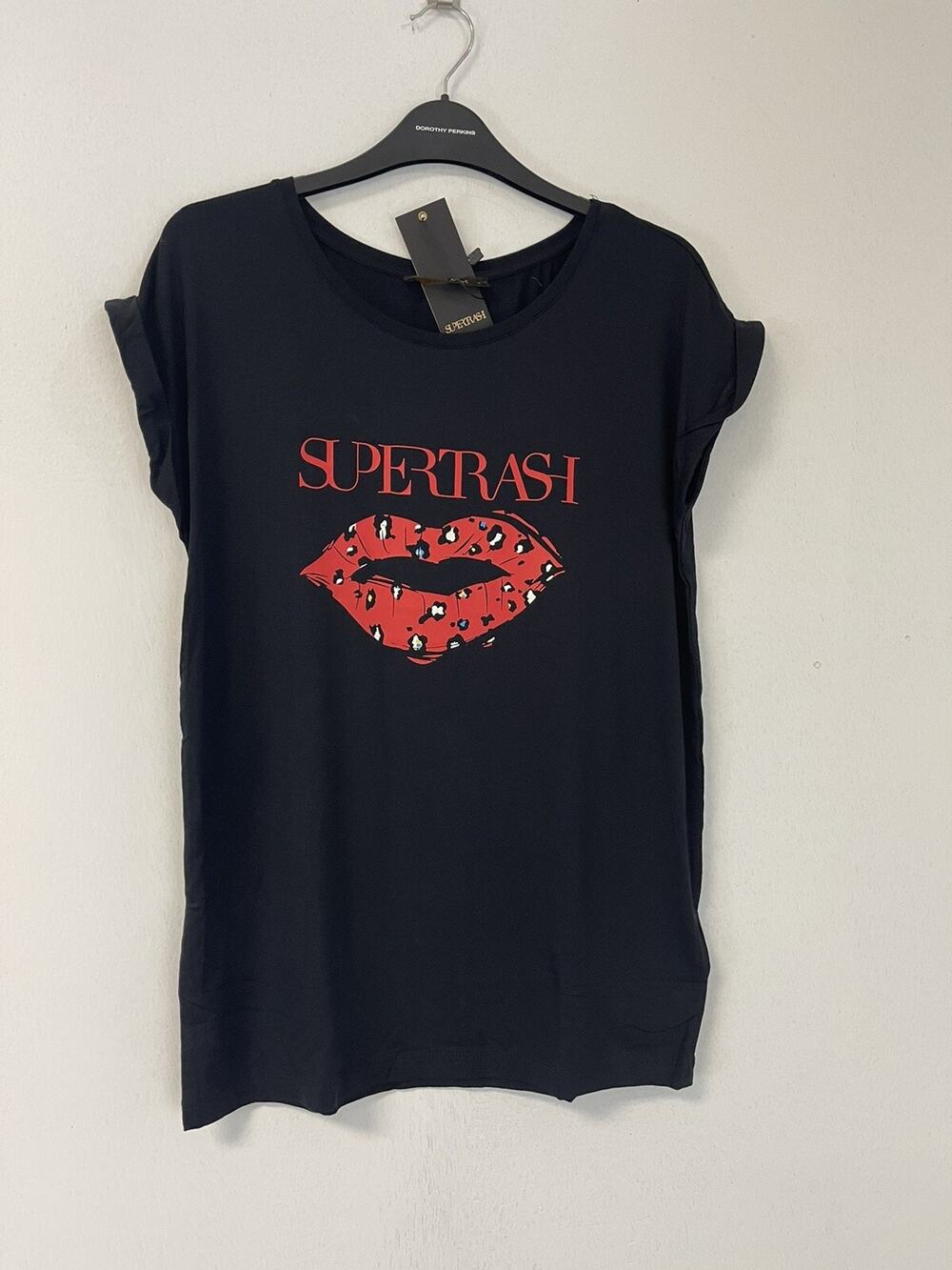 Supertrash Shirt Womens Small Kiss Lips Print Black Beaded Blouse N195